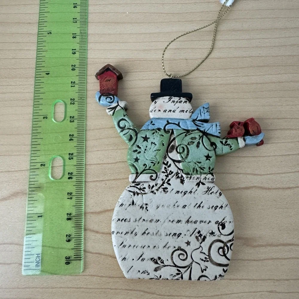 Snowman Cardinal Silent Night Song Lyrics Christmas Ornament Script‎ Folk Art